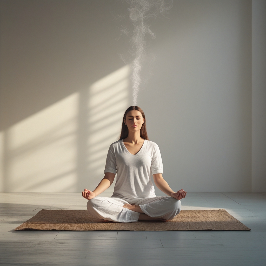 Nahaufnahme einer ruhig sitzenden Person in Meditationshaltung auf einer Holzmatte in einem stillen, hellen Raum, die Hände auf den Knien, weiches seitliches Morgenlicht fällt auf die entspannte Körperhaltung