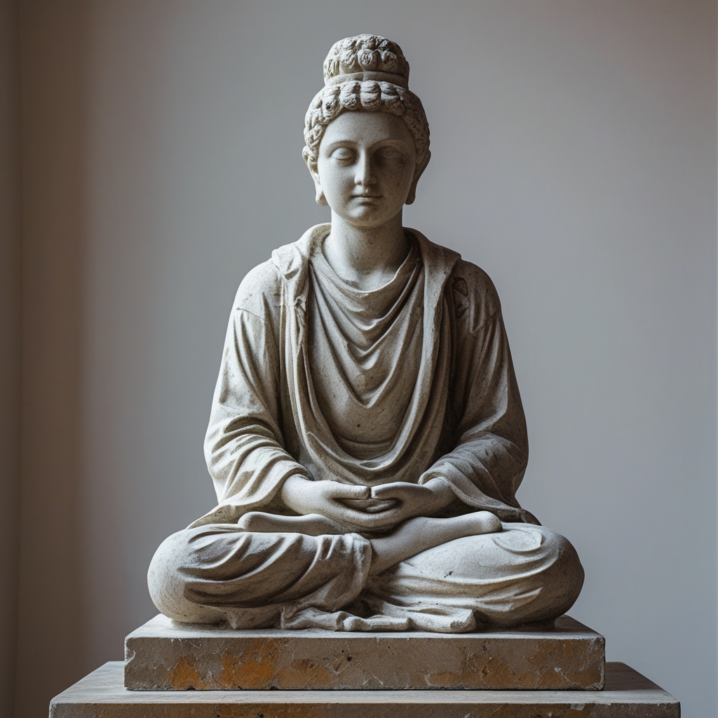 Alte Steinstatue einer sitzenden Figur in meditativer Haltung, verwitterte Oberfläche mit Patina, historisches Artefakt in gedämpftem Museumsambiente