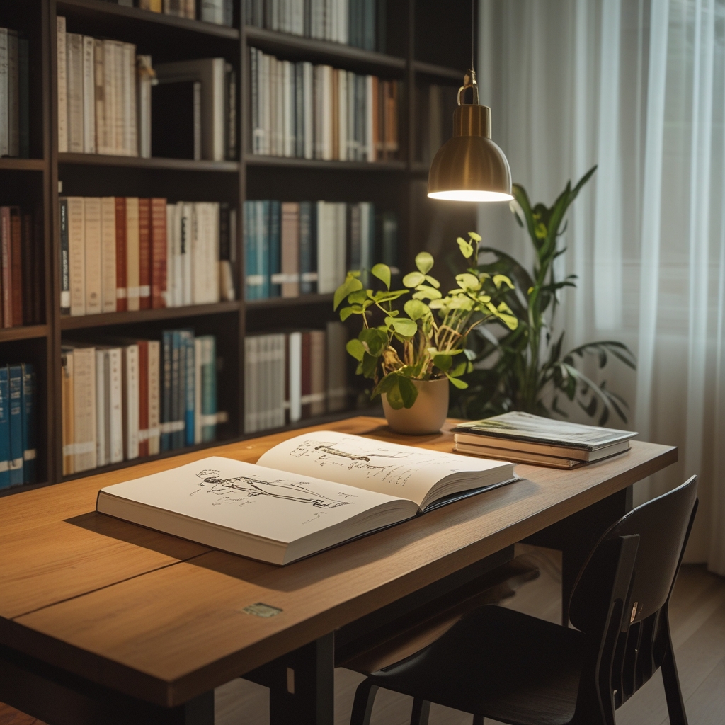 Moderne helle Bibliothek mit Büchern über Bewegungswissenschaft und Anatomie auf einem Holztisch, offenes Notizbuch mit Skizzen von Bewegungsabläufen, ruhiges Studienlicht