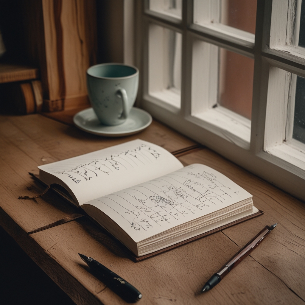 Offenes Buch mit handschriftlichen Notizen auf einem Holztisch, daneben ein Stift und eine Tasse, ruhige Studienatmosphäre mit warmem Licht