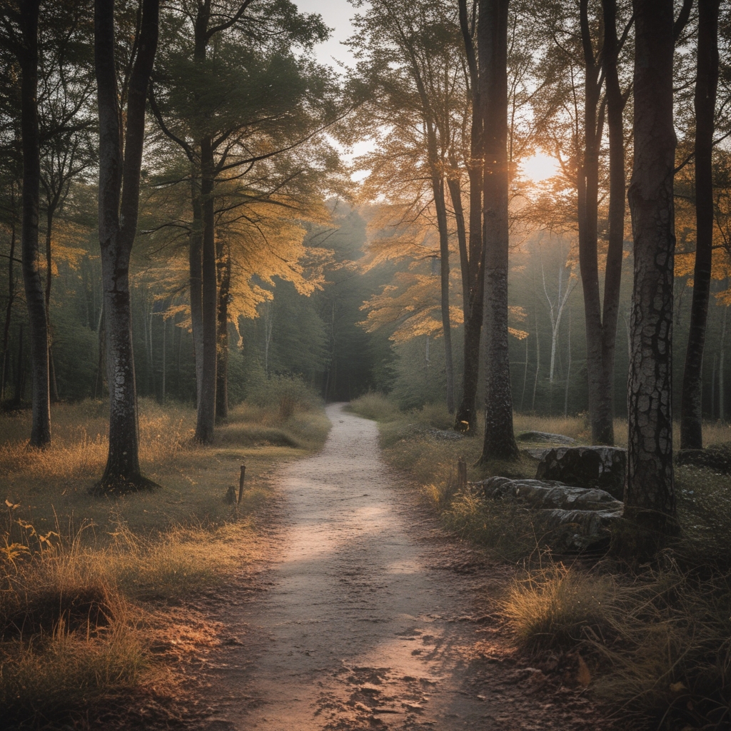 Naturpfad durch einen ruhigen Wald mit gefiltertem Sonnenlicht durch Baumkronen, moosbedeckte Steine am Wegesrand, friedliche Waldatmosphäre im Morgengrauen